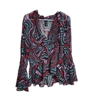 Bisou Bisou Sheer Flare Sleeve Ruched Top Size Large